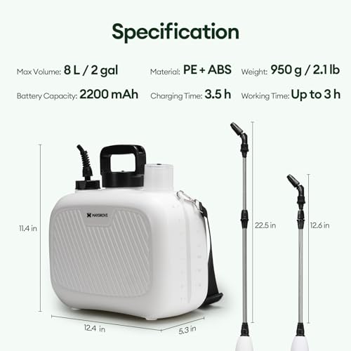 Maygrove 2 Gallon Electric Garden Sprayer, Rechargeable Telescopic Wand | Battery Powered Sprayer with 3 Nozzles, One-button Spraying for Yard, Lawn, Weed Control