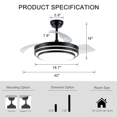 42 Inch Retractable Ceiling Fan with Lights Fandelier Ceiling Fan | Modern Black Fandalier Ultra Thin Chandelier LED Light for Bedroom Living Room, 3CCT Reversible Quiet DC Motor 6 Speeds - color: 4204-Black