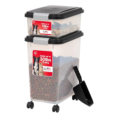 IRIS USA 30 lb + 11 lb Airtight Pet Food Storage Containers with Wheels | Stackable Pet Food Plastic Storage Bins with Wheels for Cat and Dog Food, Made in USA - color: Black