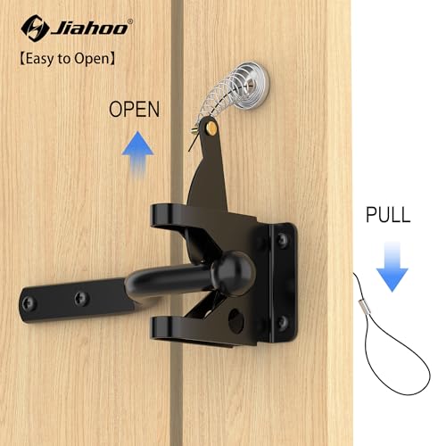 Self Locking Gate Latch with Spring Cable Pull, Automatic Lever Latch | For Wooden Fence, Door Latch Hardware for Outdoor Fence, Secure Pool, Garden, Shed, Cage, Black Finish