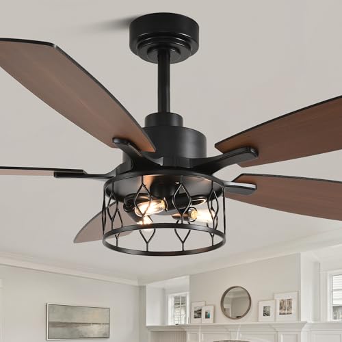 52" Farmhouse Ceiling Fan with Lights Remote Rustic Ceiling Fan | Caged Black Fandelier Industrial Chandelier Light for Bedroom Living Room, Reversible 6 Speeds, 3 E12 Bulbs (Not Included) - color: Black, size: 52 Inch