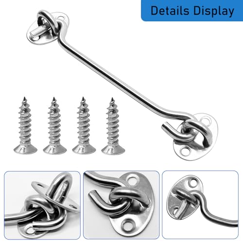 4 Pack 6" Hook and Eye Gate Latch, Stainless Steel Rust-Resistant Barn Door Lock Cabin Hooks for Gate Shutters Window Slide Barn Shed Cabinet Bathroom, with 16pcs Screw,Silver - color: Silver, size: 6 inch(4pcs)