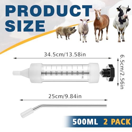 Threlaco 500ml 2 Pcs Drench Gun for Goats, Sheep & Cattle, Clear | Reusable Large Goat Drench Syringe, Adjustable Veterinary Medicine Feeding Syringe, Continuous Dosing for Livestock, Horse - color: Clear, size: 500ml