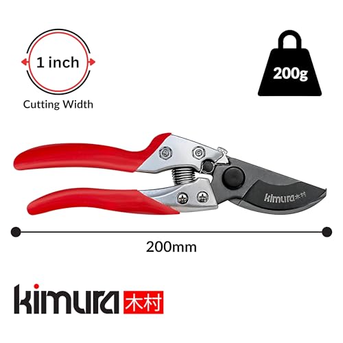 Kimura® 8" Pro Bypass Pruning Shears, Heavy Duty Japanese SK5 Steel Blades, 1 inch Cut Capacity, Non-Slip PVC Coated Handles, Lightweight & Ergonomic, Japanese Pruners, Professional Garden Clippers - size: 8"