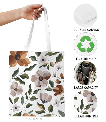 Aesthetic Floral Canvas Tote Bag - Reusable Shoulder Tote Bag for Women Lady Casual Vacation, Shopping, Work, Gym - color: Flower12