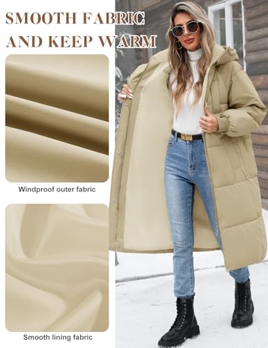 Women Long Puffer Coat Winter Warm Hooded Jacket Long Sleeve Parka Full Length Down Coats With Zip - color: Khaki, size: Small