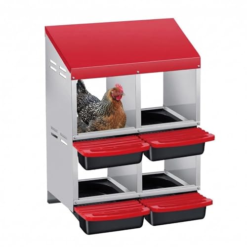 4-Compartment Chicken Nesting Box, Heavy Duty Galvanized Steel Poultry Nest Box, Wall Mount/Freestanding Design for Hens, Ducks, Backyard Homesteads & Farm Use, Red, with Legs, No Stand - color: Red, size: 4 Room&Legs