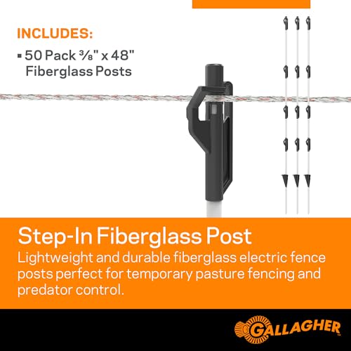 Gallagher 3/8" x 48" Fiberglass Step-in Electric Fence Posts 50 Pack | Holds Wire Polywire Polytape | Weatherproof & Lightweight | Portable Fence Posts for Livestock Gardens & Rotational Grazing