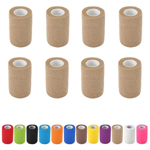 8 Pack Self Adhesive Bandage Wrap, 3 in x 5 Yards Vet Wrap Tape, Skin | Non-Woven Self Adherent Cohesive Bandage for Thumb, Finger, Wrist, Knee, Ankle - color: Skin