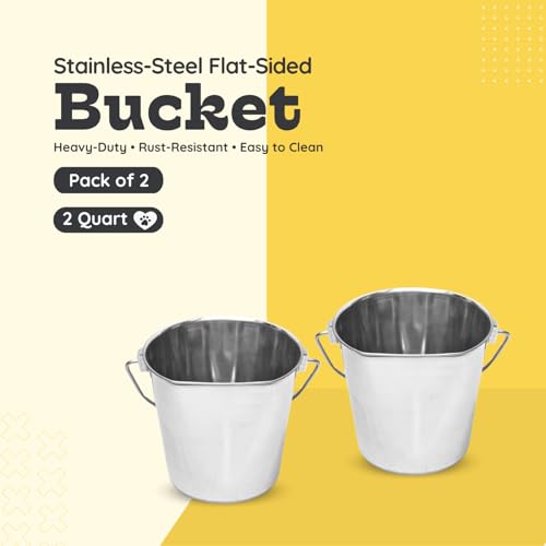 Flat Side Stainless Steel Bucket 9 Quart Hanging Feeding Utility Pail for XL Dog Goat Sheep Horse Livestock, Fits Kennel Cage Farm, Heavy Duty Food & Water Feeder, 2.25Gallon Silver 2Pack - size: 9 Quart (Pack of 2)