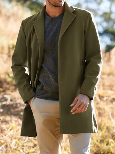 PASLTER Mens Trench Coat Slim Fit Mid Length Pea Coat Winter Overcoat | Notched Collar,Single Breasted,Warm Peacoat Jacket,Soft Mens Dress Coat,Fall Winter Mens Trench Coat Long - color: Armygreen, size: Medium