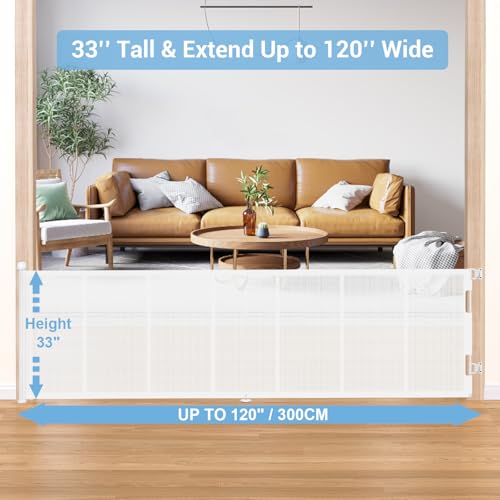 HAMOPY 120 Inch Reinforced Strip Extra Wide Retractable Baby Gate, 33" Tall, Prevent Crawling Through, Wide Extra Long Child Safety Gate for Indoor Baby Fence, Outdoor, Stairs, Deck(White) - color: Wh-l