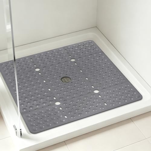 ZOESOE Square Shower Mat Non Slip: 27 x 27 Inches Large Shower Mats for Inside Shower, Soft TPE Shower Floor Mat with Suction Cups and Drain Holes, Machine Washable - color: Grey