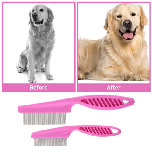 TIESOME Pet Hair Comb Tear Stain Removal,2 Pack Multifunctional Pets Grooming Comb Kit 2 in 1 Dog Combs Stainless Grooming Massage Dual-Sided Comb for Knots Crust Floating Hair Tangle Fleas(Pink) | Multifunctional Pets Grooming Comb Kit, 2 in 1 Dog Combs,
