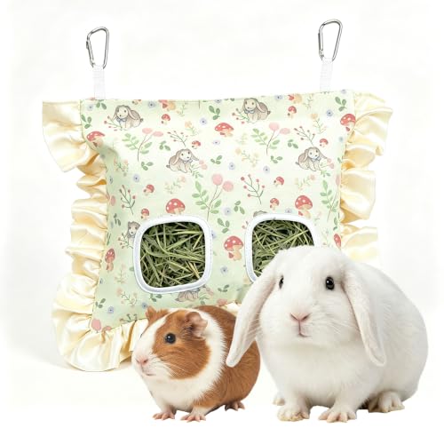Rabbit Hay Feeder Bag for Guinea Pigs Hanging Washable 2-Hole | Reduces hay waste, bite-resistant waterproof material, easy hay refills and keeps hay dry, suitable for various small animals
