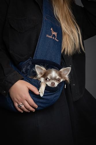 Noah & Paw Dog Sling Carrier for Small Dogs 3-10lb, Dog Sling for Small Dogs and Cats, Dog Carrier with Adjustable Padded Strap, Vegan Denim Lined with Fur, 3X Safety Features, Machine Washable - color: Dark Blue, size: 15.0"L x 6.0"W x 5.5"H