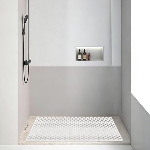 Square Shower Mat Non Slip, 27" x 27" Large Shower Mats for Inside Shower, Soft TPE Shower Floor Mat with Suction Cups and Big Drain Holes, Anti Slip Shower Stall Matt, White - color: White