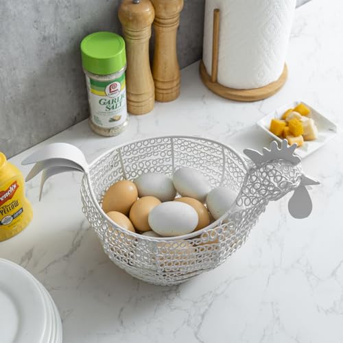 MyGift Modern Matte White Metal Wire Egg Storage Basket in Decorative Chicken Shaped Design, Farmhouse Container for Gathering Fresh Eggs and Easter Decor - color: White