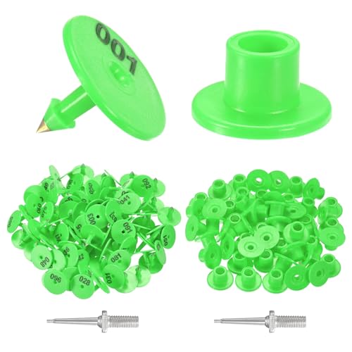 M METERXITY 100-Pack Cattle Ear Tags 001-100 Number, Plastic Round Livestock Tags with 2 Ear Label Needles for Cows/Sheep/Cattle/Pig, Farm Animal Identification Markers [Green] - color: Green