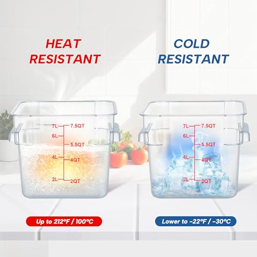 4 Pack 8QT Square Food Storage Containers with Lids | Clear NSF polycarbonate containers with scale, label and measuring cup, stackable for prep, storage, freezer. Dishwasher safe - color: 8Qt