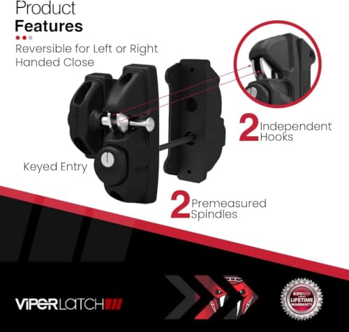 Safetech Hardware ViperX2 Gravity Gate Latch | Two-Side Entry Keyed | 2 Independent Latching Hooks Key Lockable Both Sides | Privacy Gate Gravity Latch | Vinyl, Wood, & Aluminum Gates - Black - color: Black, size: 2 Side Key
