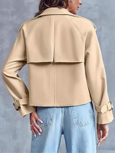 ebossy Women's Double Breasted Short Duster Trench Coat Lapel Loose Windproof Cropped Jacket Coat with Pockets - color: Light Khaki, size: Small