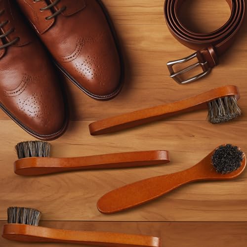 4 Pcs Horsehair Shine Shoes Brush Kit Polish Dauber Applicators Cleaning Leather Shoes Boots Care Brushes Suede Cleaner Brush with Microfiber Shoe Cloth(Brown Handle A) - style: Brown Handle A