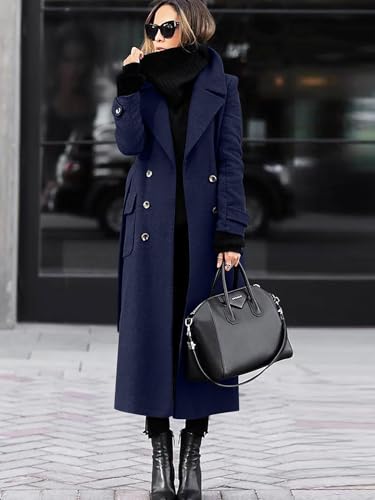 chouyatou Women's Winter Double Breasted Wool Coat Business Casual Long Winter Pea Coat with Belt - color: Navy Blue, size: X-Small