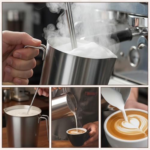 304 Stainless Steel Pitcher with Lid, 70 oz / 2L Measuring Cup | Large Mouth Graduated Beakers with Marking and Handle, Metal Milk Frothing Jug for Espresso Machine, Hot & Cold Water