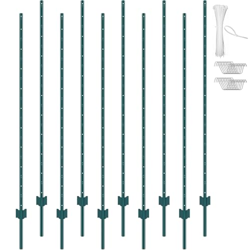VEVOR 6 Feet Fence Post, 10 Pack U-Channel Heavy Duty Metal Fence Posts with 40 Zip Ties & 20 Clips, Sturdy Steel Fence Stakes for Garden Yard, Lawn, Farms and Outdoor Wire Fencing, Green - size: 6 Feet 10 Pack