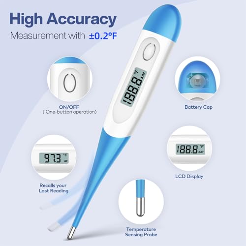 Boncare 10 Seconds Oral Thermometer for Adults and Kids, Light Blue | Accurate & Safe, Rectal Digital Thermometer for Baby, Fever Alarm - color: Light blue