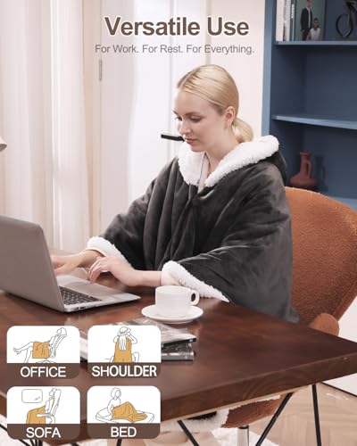 Wearable Heated Blanket with Foot Pocket, Flannel & Sherpa,50"x64",Grey,ETL | Wearable Electric Throw Blanket with Sleeves,9 Heating Levels Snuggle Warm Blanket,2H-10H Auto Off Heated Robe,ETL Certified - size: 50"x64"