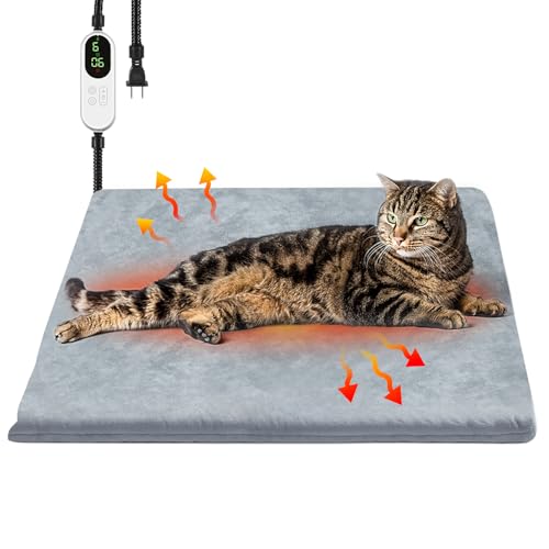 Pet Heating Pad, 9 Adjustable Temperature Cat Heating Pad with Timer, 17.7"x17.7" Waterproof Heated Warming Dog Blanket Bed Mat for Cats Dogs Kitten Puppy Small Animal Indoor with Chew Resistant Cord