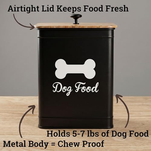 Metal Dog Food Container 5-7lb, 25 Cup w/ Airtight Bamboo Lid, Metal Handle | Pet Jar For Dogs up to 50lbs, Airtight Bamboo Lid, Sturdy Comfortable Metal Handle, Powder Coated Iron, Kibble Storage Bin - color: Black: Bone