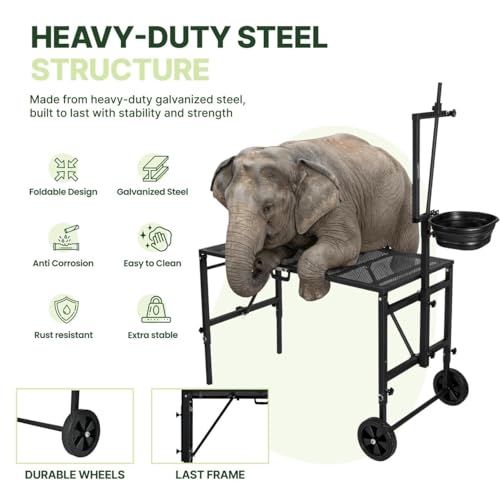 Goat Stand with Adjustable Headpiece & Legs, Goat Milking Stand with Feeder, Rails & Wheels, Stanchion for Grooming & Hoof Trimming, Sheep Stand for Shearing Heavy-Duty Steel Platform, Black - color: BLACK