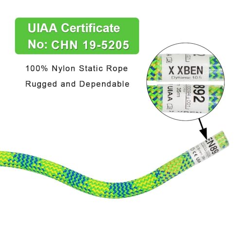 X XBEN 10.5 mm UIAA Dynamic Climbing Rope 20M(65FT), Safety Nylon Kernmantle Rope for Rock Climbing, Tree Climbing, Ice Climbing, Rappelling, Rescue and Arborist Climbing - size: Dynamic - 20M(65 Foot)