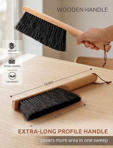TAKAVU Firm Horsehair Counter Brush, 12.6 in Hand Brush with Wood Handle | Dense Bristles for Better Pickup, Sweeps Workbench, Patio Cushions, Outdoor Furniture, Sawdust, Drafting Tables & Fireplace