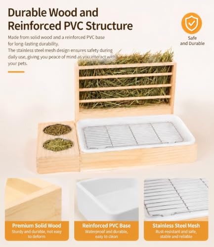 Rabbit Hay Feeder with Litter Box Bowls, 3-in-1 Wooden Rabbit Toilet | Large Capacity Rabbit Litter Box with Hay Feeder, Removable Tray Easy Clean,Bunny Guinea Pig Chinchilla Small Animals