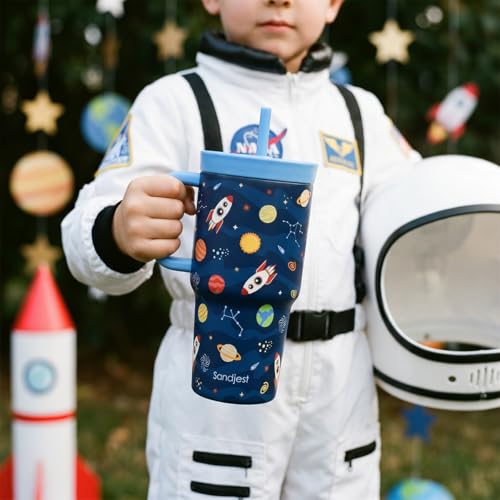 SANDJEST Solar System Stainless Steel Tumbler 20oz with Handle and Silicone Straw Locking Lid for Kids Boys Girls, Birthday Christmas Back to School - color: Solar System