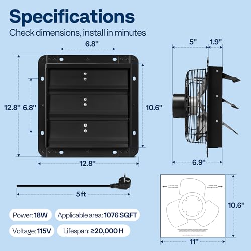 VIVOHOME 10" Shutter Exhaust Fan with EC Motor | 900 CFM, Variable Speed, Timer, Wall-Mounted for Attic, Garage, Greenhouse, Chicken Coop, Barn Ventilation - size: 10"