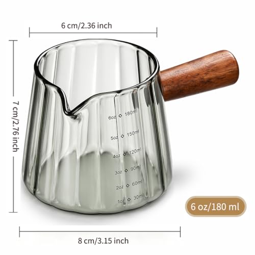 6 oz Espresso Cups - Glass Measuring Cups with Spout - Ribbed Small Creamer Pitcher- Expresso Shots Cup with Wood Handle for Coffee Milk, Dishwasher Safe (Grey, 2 pack) - color: Gray, size: 2 pack