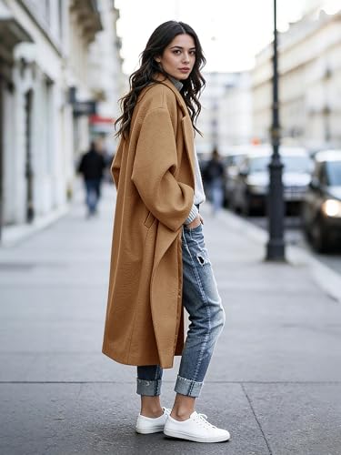 Women's Winter Wool Coat Notch Lapel Single Breasted Casual Mid Long Pea Trench Coat - color: Khaki, size: Medium