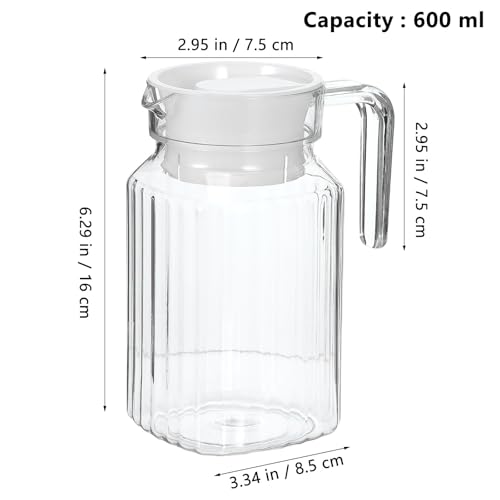 20oz Small Slim Plastic Pitcher with Lid (600ml) - Shatterproof Acrylic Water Pitcher for Fridge Door - Clear Striped Plastic Juice Pitcheres & Cocktail Shaker Carafe with Handle