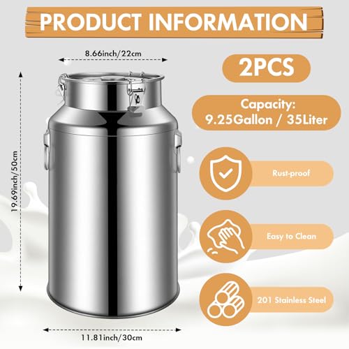 FillTouch 2 Pcs Stainless Steel Milk Can 35L/ 9.25 Gallon Heavy Duty Metal Milk Dispenser Container Pail Water Jug with Locking Sealed Lid Food Wine Oil Storage Container for Home Farm Kitchen - size: 35l