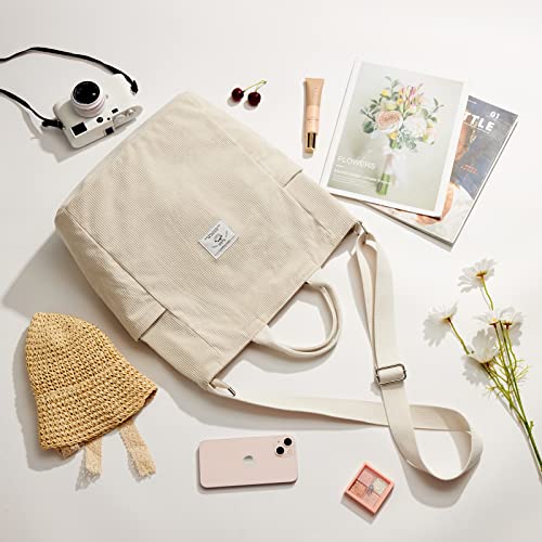 KALIDI Corduroy Tote Bag, Large Slouchy Hobo Messenger Crossbody Bag | Anti Splash Zipper Side Pockets Shoulder Bag Adjustable Strap Lightweight Casual Work Shopping Women - color: Beige