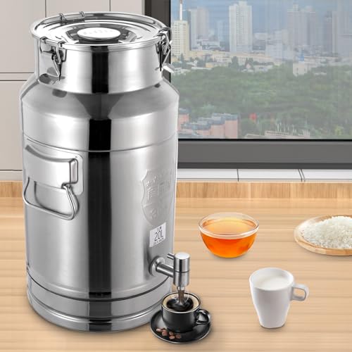 304 Stainless Steel 20L Milk Can with Spigot, Beverage Drink Dispenser, Portable Milk Transport Barrel with Handle for Milk Wine Oil & Home Kitchen Party (20L) - size: 20L