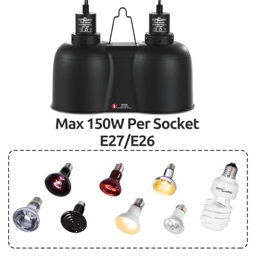 REPTI ZOO Dual Reptile Light Fixture, Max 150W Dual Dome Heat Lamp Fixture with Independent Switches Reptile Tank Accessories UVB Light Fixture (Bulb Not Included)