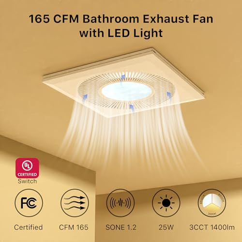 Bathroom Exhaust Fan with Light 165CFM Quiet 1.2 Sones | Ventilation Fan with 3CCT 1400lm LED Light Ceiling Cutout 9.84"x9.84" including Expandable Kit for Bathroom Laundry - color: 4000k Frosted White