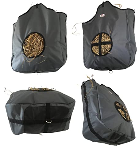Majestic Ally Nylon Hay Feeder Tote Bag for Horse, Goat, Sheep - Double Sides Open Feed Hole with Faux Leather Ventilated Bottom- Premium Quality -Simulates Grazing - Reduces Waste (Dark Gray) - color: Dark Gray