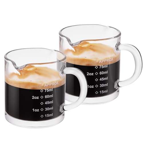 Ackers Espresso cup with Handle, Thickened Bottom and Wall, Double V-Shaped Spout,2.5OZ Milk Frothing Pitcher,75ML Milk Cup with Handle, Espresso Accessory (Pack of 4) - style: Printed Graduations(Pack of 4)